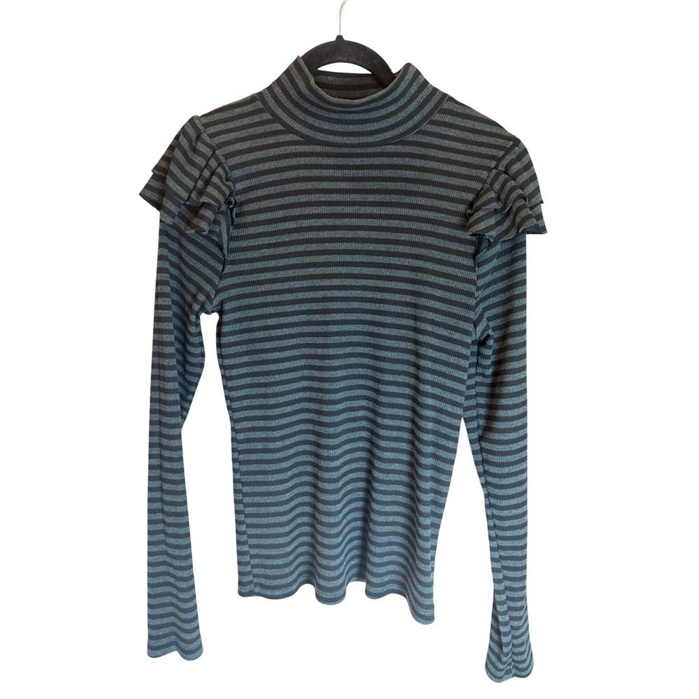 t.la Anthropologie Striped Ruffle Shoulder Mock Neck Ribbed Top Grey Black M